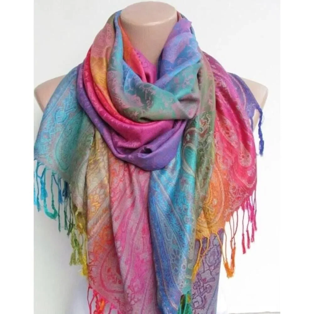 Rainbow Scarf Shawl 70% Pashmina 30% Silk Indian Paisley NEW Luxury Colorful